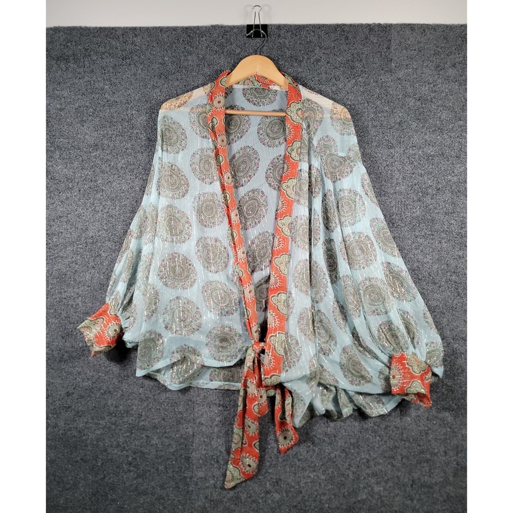 Free People Kantha Shimmer Tie Front Kimono Medallion Metallic Boho Tan Red OSFM